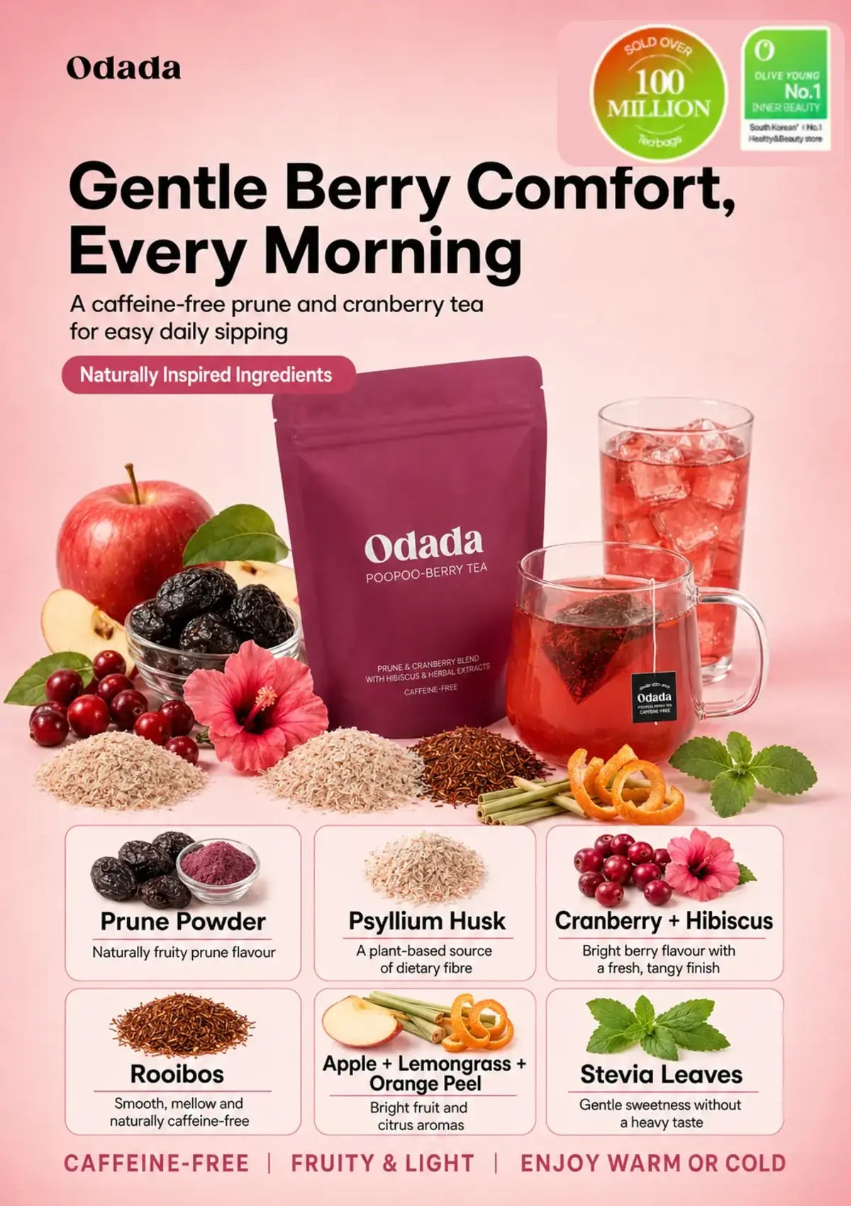 A promotional product graphic for Odada Hooedged Berry Tea on a pink background. The central product is a dark magenta pouch of tea, with a glass mug of brewed tea, loose berry mix, and fruit illustrations including an apple, berries, hibiscus flower, and citrus slices.